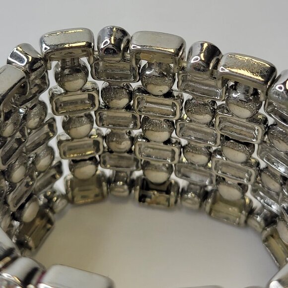 Women's Crystal Silver Tone Wide Stretch Cuff Bracelet - Picture 6 of 10